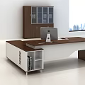 Modern Office Desk With Wooden Surface Computer Monitor And Cabinet Drawers Near Large Windows