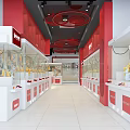 Shooter Toy Store In Shopping Mall With Red Decor Display Shelves And TV Screens