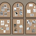 Multiple Corkboard Photo Wall Featuring Photos Notes and Decorative Layout 3d model