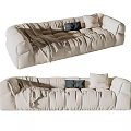 Beige Sectional Sofa With Ruched Design Gray Cushions And Throw Blanket 3d model