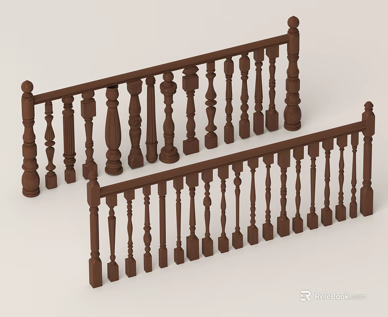 Wooden Railing Design with Decorative Balusters Brown Finish Classic Style Details 3d model 