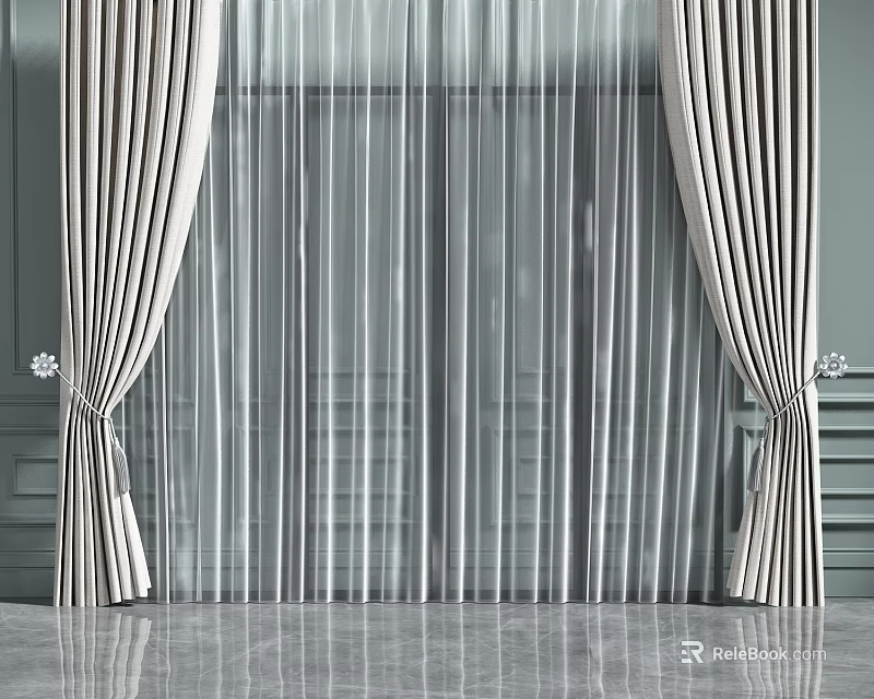 Elegant Modern Double Layer Curtains With Striped Design And Sheer Panels 3d model 