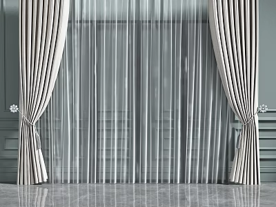 Elegant Modern Double Layer Curtains With Striped Design And Sheer Panels 3d model