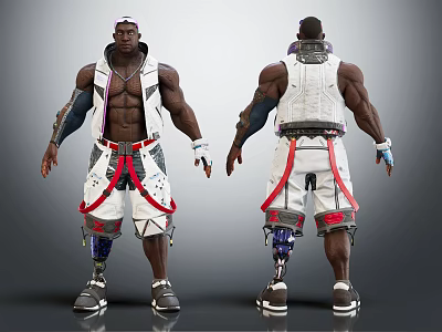 Muscular Male Character Design Front And Back Views With Mechanical Prosthetics And Red Accents 3d model