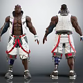 Muscular Male Character Design Front And Back Views With Mechanical Prosthetics And Red Accents