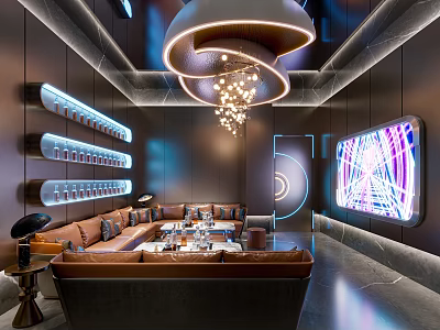 Luxury KTV Private Room With Sofas Chandelier Neon Lights And Screen 3d model