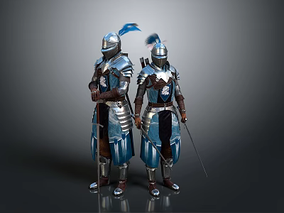 Medieval Knightly Weapons Held by Armored Knights in Blue and Silver Armor 3d model