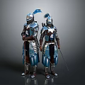 Medieval Knightly Weapons Held by Armored Knights in Blue and Silver Armor