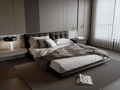 Elegant Double Bed With Leather Headboard White Bedding And Nightstand In Modern Bedroom 3d model