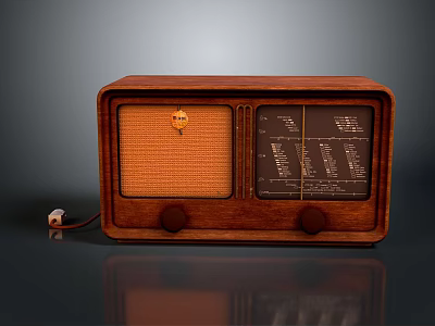 Vintage Wooden Radio With Grille Tuning Dial And Knobs On Reflective Surface 3d model