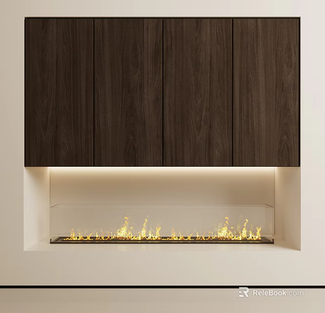 Elegant Modern Built in Fireplace with Wooden Cabinets and Warm Flames in Contemporary Interior 3d model 