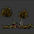 Autumn Outdoor Landscape Design With Colorful Trees Green Lawn Small Red Cabin And Winding Pathway