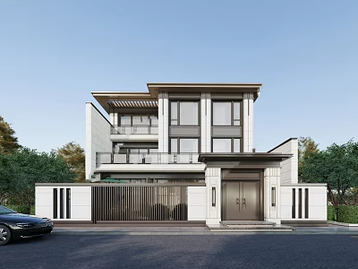 Modern Chinese Detached Villa Exterior Design With Two Story Balcony Front Door And Trees 3d model