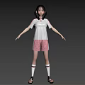 3D Character Girl With White Top Pink Shorts Black Long Hair White Socks And Sandals