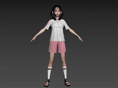 3D Character Girl With White Top Pink Shorts Black Long Hair White Socks And Sandals 3d model