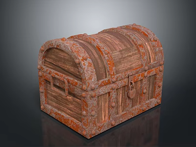 Antique Vintage Wooden Chest With Rustic Metal Lock And Decorative Studs 3d model