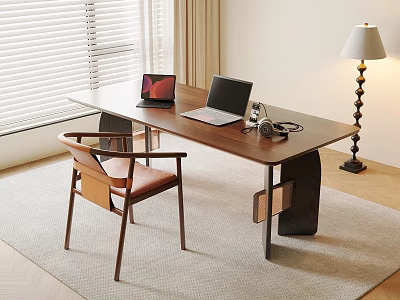Modern Wooden Desk With Laptops Headphones Chair Floor Lamp And Blinds 3d model