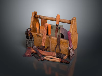 Vintage Wooden Tool Box Filled With Hand Tools Including Hammer Saw And Shovel 3d model