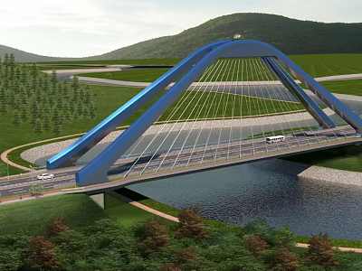 Blue Arch Bridge Spanning River With Green Grass Trees Hills And Vehicles On Road 3d model