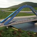 Blue Arch Bridge Spanning River With Green Grass Trees Hills And Vehicles On Road