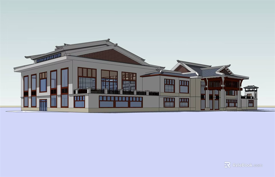 Traditional Modern Building Exterior With Sloped Roof White Facade And Multiple Windows 3d model 