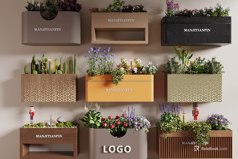 Stylish Plant Combinations in Various Colored Design Planters with Flowers and Green Plants 3d model 