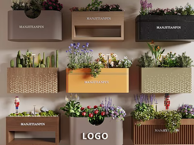 Stylish Plant Combinations in Various Colored Design Planters with Flowers and Green Plants 3d model