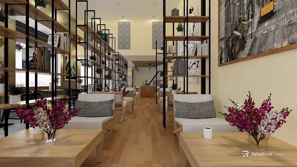 Cozy Café Interior With Wooden Floor Bookshelves Plants Decorative Paintings And Sofa Seats 3d model 
