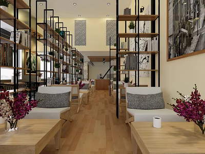 Cozy Café Interior With Wooden Floor Bookshelves Plants Decorative Paintings And Sofa Seats 3d model