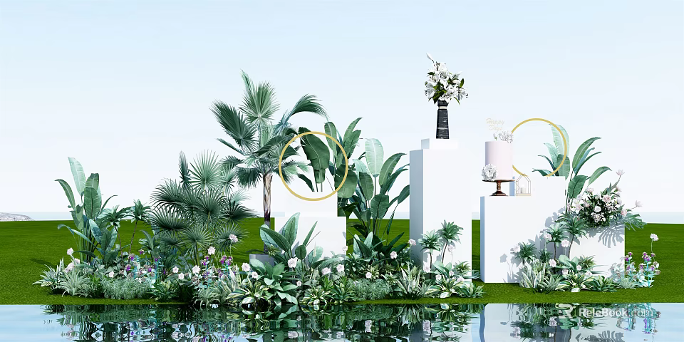 Floral Installation With Green Plants White Pedestals Golden Rings Water Reflection And Blue Sky Background 3d model 