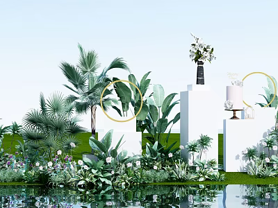 Floral Installation With Green Plants White Pedestals Golden Rings Water Reflection And Blue Sky Background 3d model