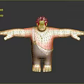 Muscular 3D Cartoon Character With Spiky Hair Red Plaid Shirt Brown Pants Barefoot Arms Outstretched