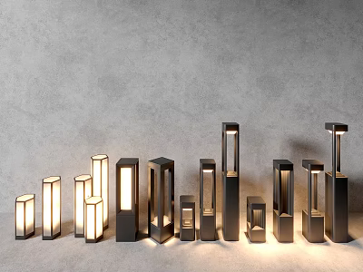 Outdoor Lights Various Shapes And Sizes Black White Illuminated Against Grey Background 3d model