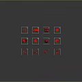 Red 3D Printed Models of Various Shapes Arranged in White Frames on Black Background