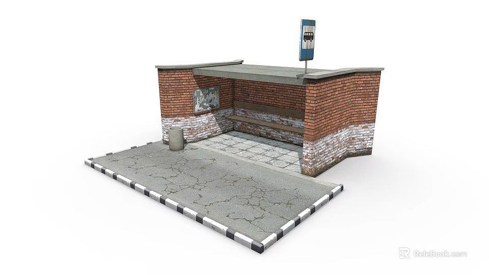 Brick Built Roofed Bus Stop With Bench Paved Ground And Trash Can 3d model 