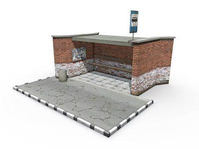 Brick Built Roofed Bus Stop With Bench Paved Ground And Trash Can 3d model