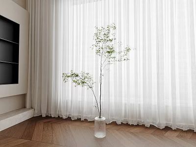 Transparent Vase With Green Branches In Room With White Curtains And Wooden Floor 3d model
