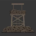 Military Defense Tower Structure With Metal Frame Platform And Stacked Sandbags