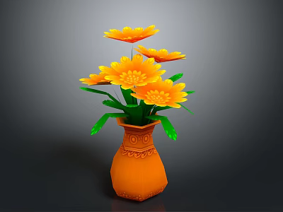 Orange Carved Vase With Yellow Blooming Flowers And Green Leaves 3d model