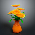 Orange Carved Vase With Yellow Blooming Flowers And Green Leaves