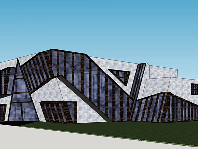 Modern Detached Villa Featuring Geometric Glass Facade And Stone Wall Design 3d model