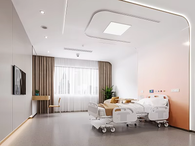 Modern Hospital Outpatient Room with Hospital Bed TV Window Curtain Table Chair and Green Plant 3d model