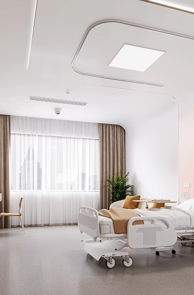 Modern Hospital Outpatient Room with Hospital Bed TV Window Curtain Table Chair and Green Plant 3d model