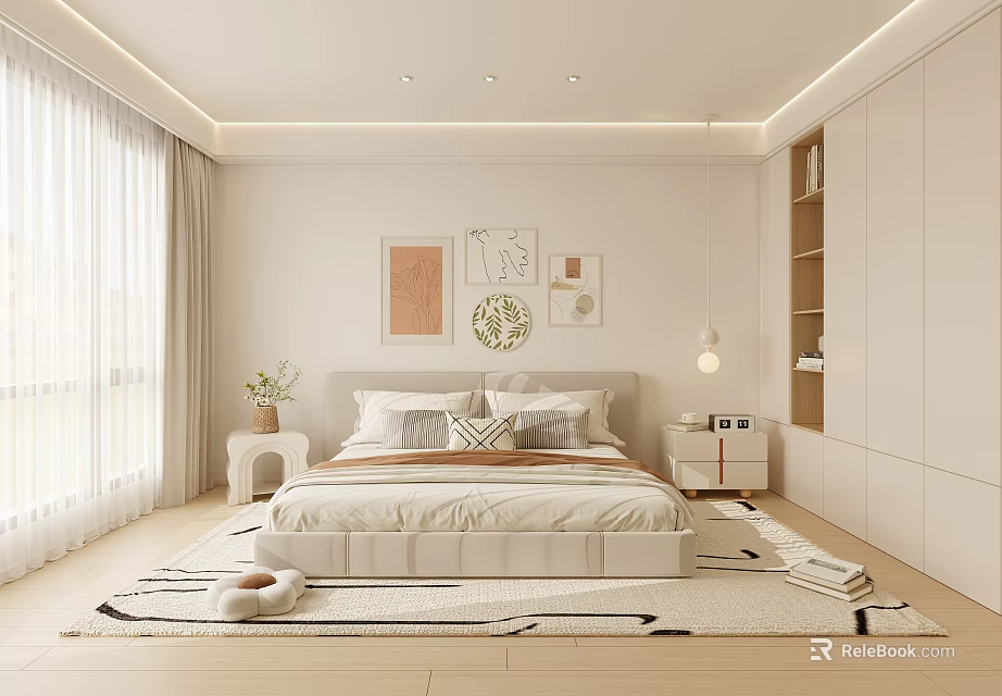 Light Toned Modern Bedroom Interior With Large Bed Decorative Wall Art Nightstands And Soft Rug 3d model 