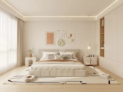 Light Toned Modern Bedroom Interior With Large Bed Decorative Wall Art Nightstands And Soft Rug 3d model