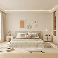 Light Toned Modern Bedroom Interior With Large Bed Decorative Wall Art Nightstands And Soft Rug