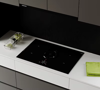 Black Electric Cooktop on White Kitchen Countertop with Transparent Container and Green Towel 3d model