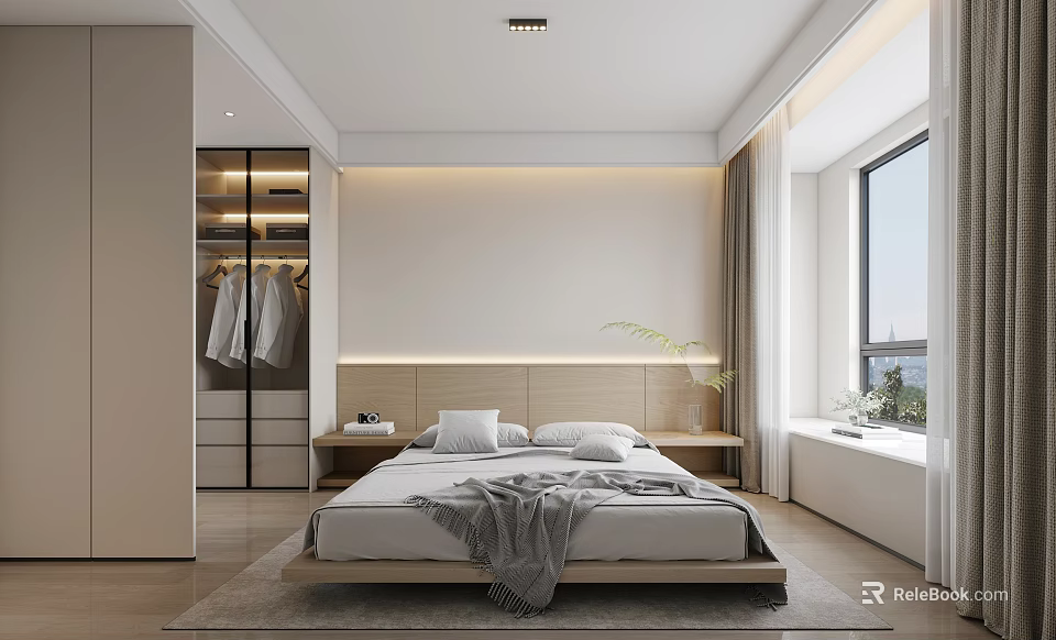 Modern Bedroom Interior Design With Bed Wardrobe Window And Bedside Table 3d model