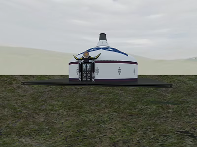 Traditional Ancient Yurt White Circular Structure With Blue Decorations Top Chimney Black Door In Grassland 3d model