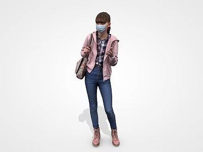 Woman Wearing Mask With Pink Jacket Plaid Shirt Blue Jeans And Pink Boots Carrying Bag 3d model